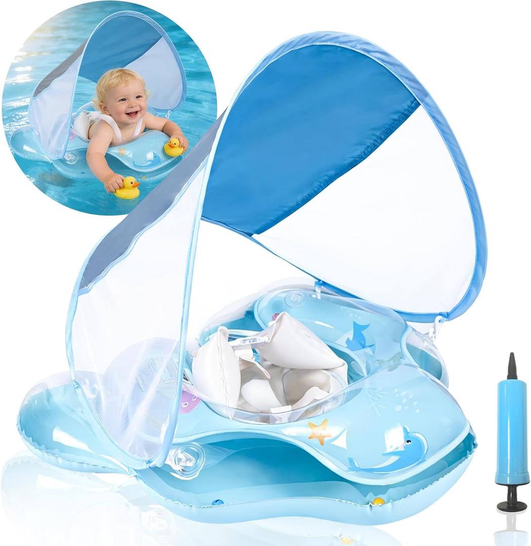 Baby Pool Float with UPF50+ Sun Protection Canopy, Inflatable Baby Float with Adjustable Safety Seat for Toddler from 6 to 36 Months, Baby Swim Float with Dual Air Chambers for Boys Girls(Large, Blue)