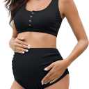 Zando High Waist Maternity Swimsuit Two Piece Pregnancy Swimwear Bikini Bathing Suits for Women Maternity Swimsuits (Medium, Black)