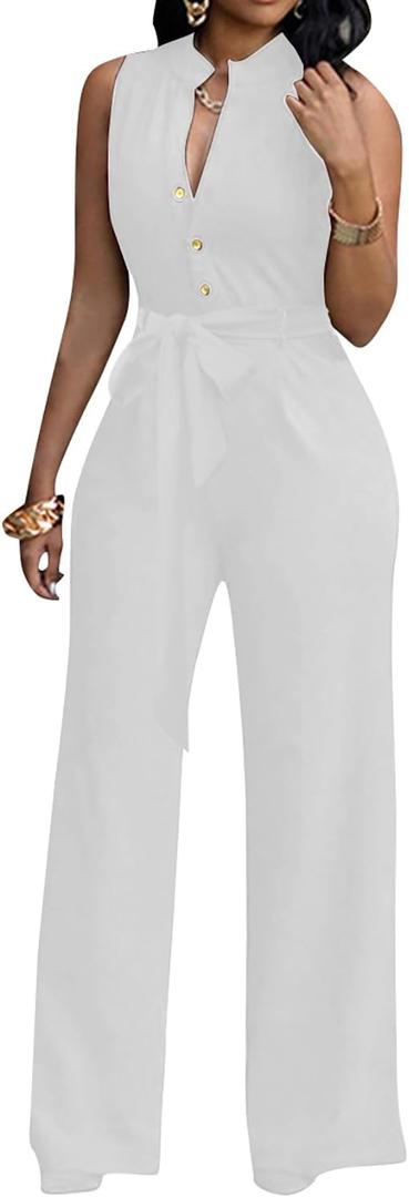 LalaLin Sexy Sleeveless Jumpsuit for Women V Neck High Waisted Long Wide Leg Pant Button Down Party Romper,XL