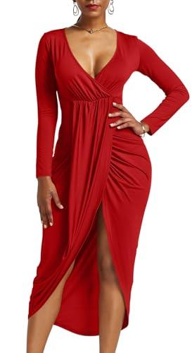 GOBLES Women's Sexy Long Sleeve V Neck Wrap Ruched Front Slit Midi Party Dress Red XL