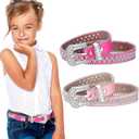 Xtinmee 2 Pcs Kids Rhinestone Belt Girls Western Cowboy Belt with Bling Diamond Studded and Sequin Leather