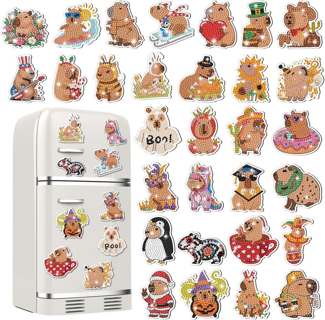 Liliaafar 30 Pcs Diamond Painting Magnets Set Diamond Art Magnets for Fridge Refrigerator Magnetic Stickers for DIY Crafts 5D Gem Rhinestones Art Painting Kits for Adults Beginners(Capybara)