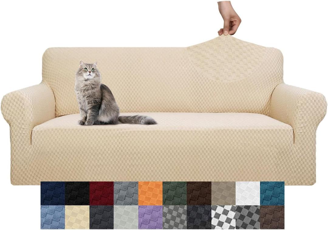 YEMYHOM Couch Cover Latest Jacquard Design High Stretch Sofa Covers for 3 Cushion Couch, Pet Dog Cat Proof Slipcover Non Slip Magic Elastic Furniture Protector (Sofa, Beige) (Large (71"-91"))