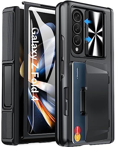 Viaotaily for Galaxy Z Fold 4 Case with Card Holder & Kickstand & Screen Protector, [2023 Upgrade] Slide Camera Lens Cover & Hinge Protection Wallet Phone Case for Galaxy Z Fold 4 2022, Black