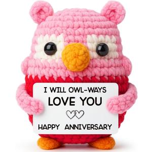 Pink Owl Crochet for Wife, Handmade Romantic Keepsake from Husband, Cute Mini Collectible to Celebrate Marriage Love, Unique Valentines Day or Birthday Present for Her