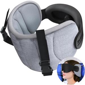 SARISUN Travel Pillow for Airplanes, Airplane Pillow for Long Flight, Neck Pillow with Eye Mask for Sleeping, Portable Travel Pillow for Car Road Trip Headrest, Stop Bobblehead, Grey