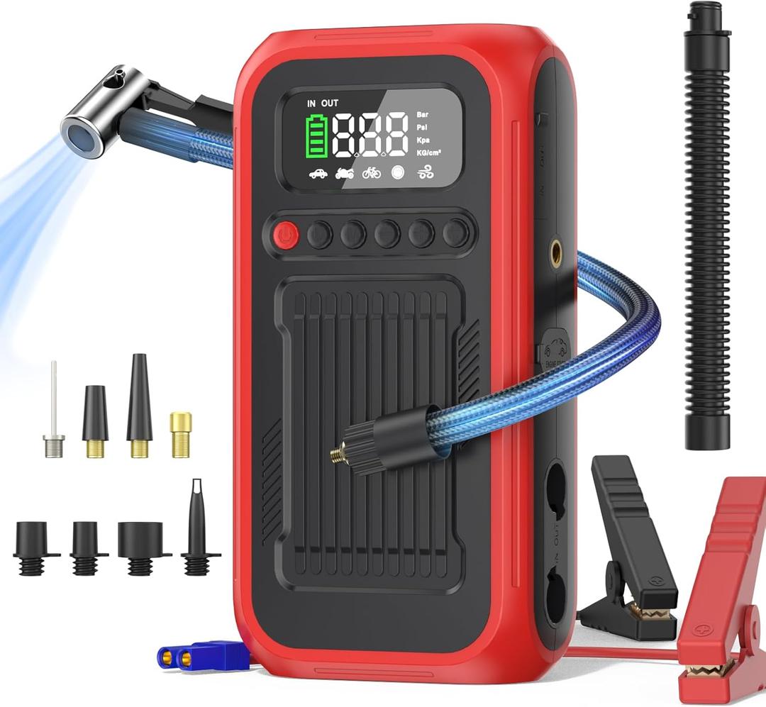Tire Inflator Portable Air Compressor, 12V Car Jump Starter, 150PSI & 28000mAh Air Pump with Air Blower, Digital Pressure Gauge and LED Light, Electric Air Pump for Car, Motorcycle, Balls, Bike Pump