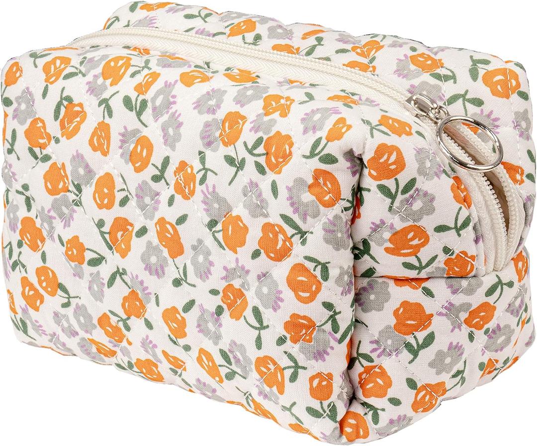 Floral Quilted Makeup Bag, Cute Rose Cosmetic Bag for Women, Flower Travel Toiletry Bag, Cotton Make up Bag Pouch