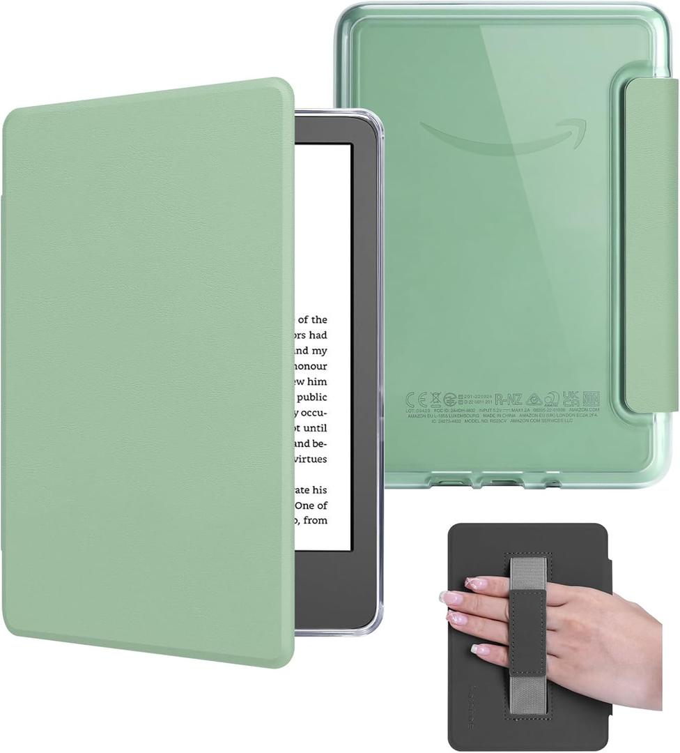 Case with Hand Strap for 6.8" Kindle Paperwhite 11th Generation 2021 and Kindle Paperwhite Signature Edition, PU Leather Cover, Transparent Hard Back Shell with Auto Sleep/Wake, Matcha Green