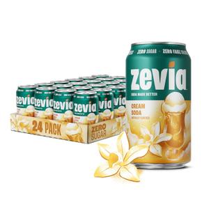 Zevia Zero Sugar Soda, Cream Soda, 12 oz Cans (24-Pack) Naturally Sweetened, Non-GMO Project Verified, Gluten-Free, Vegan (EXP 12/21/27)