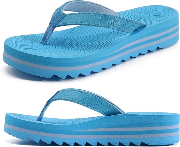 KuaiLu Women’s Flip Flops Ladies Yoga Mat Platform Thong Sandals Dressy Womans Lightweight Summer Slip On Beach Flip Flop Sandles, Soft Cushion Footbed, Arch Support Light Blue, Size 11