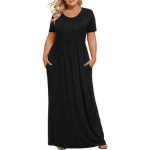 LONGYUAN Women's Plus Size Maxi Dresses for Curvy Women Summer Short Sleeve Casual 2026 Long Dress XL-6XL (Black, XXXL)