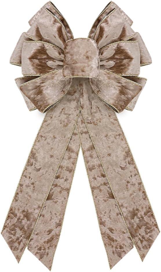 Christmas Wreath Bow 20 x 11 Inches Large Christmas Bows Golden Trimmed Champagne Velvet Bow Winter Farmhouse Bow Xmas Tree Topper Bow for Home Front Door Decorations