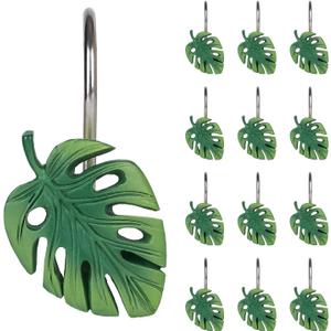 Tropical Leaf Decorative Shower Curtain Hooks Green Botanical Shower Curtain Rings, Resin, Monstera Deliciosa Leaves Shower Curtain Hangers for Bathroom, Set of 12