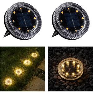 Glass Solar Pathway Lights with Wave Style, Modular-Design Waterproof In-Ground Light for Patio Pathway Lawn Yard Deck Walkway, Decorative Disk Lighting for Garden Bed, Warm White (2 Pack)