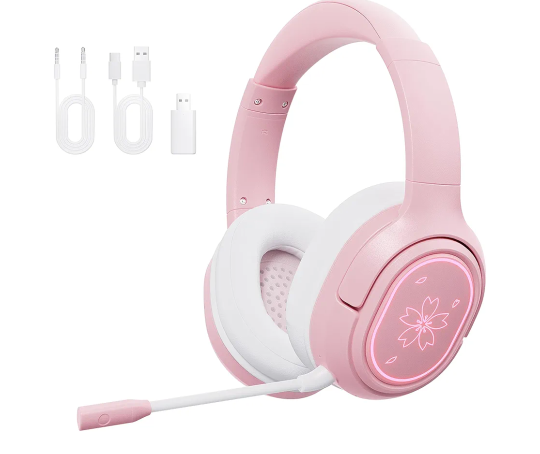 Mytrix Sakura Wireless Gaming Headset for PC, PS4, PS5, Mac, Switch, 50mm Drivers, 2.4GHz & Bluetooth Gaming Headphones with Noise Cancelling Mic, Over Ear Headphones for Xbox - Pink