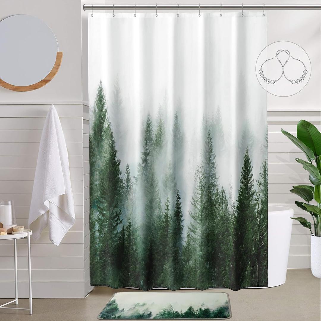 ORTIGIA 54x78 Misty Forest Stall Shower Curtain for Small Bathroom, Green Narrow Nature Woodland Shower Curtain Set with Hooks, Waterproof Fabric Pine Tree Fog Magic Home Bath Curtain