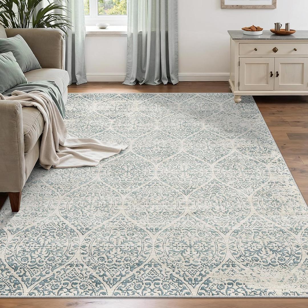 Soalmost 5x7 Area Rugs for Living Room, Moroccan Trellis Washable Non-Slip Low Pile Rug Soft Throw Carpet for Dining Room Bedroom Home Office Nursery (Teal Blue, 5'x7')