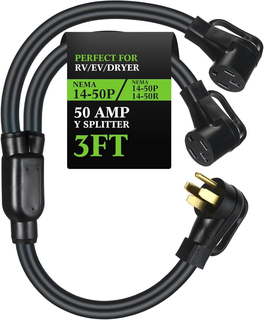Kanayu 50Amp 14-50 Y Splitter Adapter Cord ETL Listed 14-50P Male to 2X 14-50R Female 4 Prong 250V Splitter for RV and EV Heavy Duty 6/3+8/1 STW AWG RV Generator Outdoor Extension Cord, 3 Ft (Black)