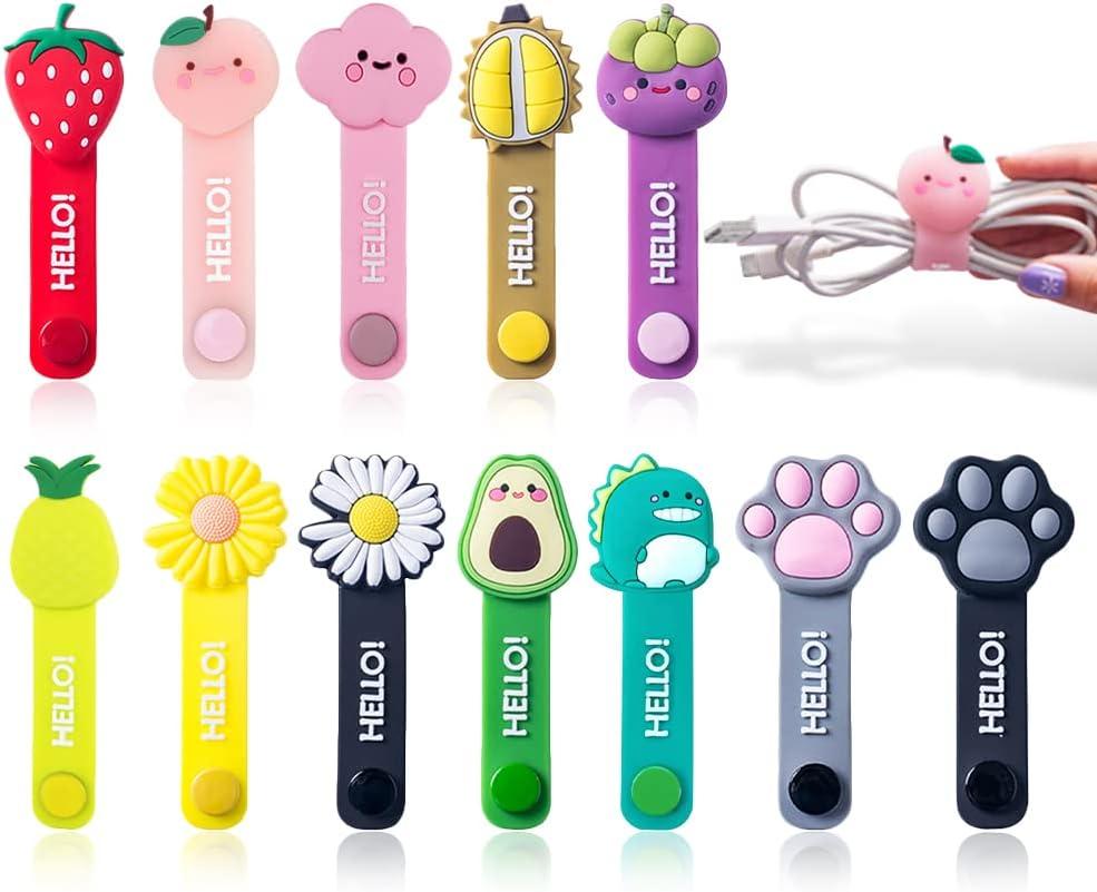 12 Pcs Reusable Cable Ties, Cute Cartoon Flower Fruit Animal Cord Ties for Office, Homeroom, School, Computer, Travel Items, Traveling USB Charger Electrical Cord Keeper