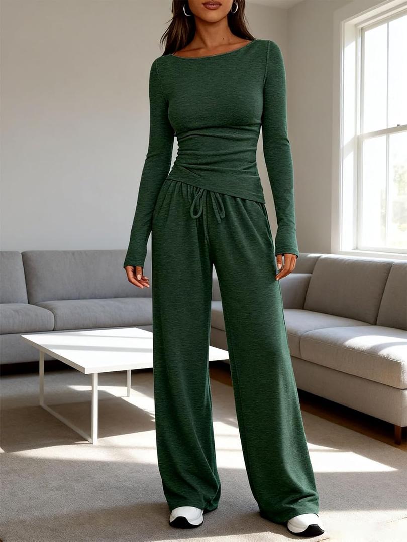 Women's 2 Piece Sweatshirt Sets Long Sleeve Scoop Neck Crop Top Wide Leg Tracksuits Casual Lounge Set (Green, M)