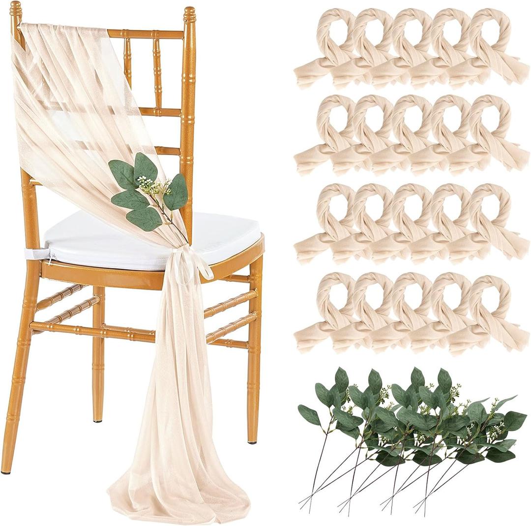 QueenDream Wedding Chair Sashes Aisle Decorations: 24 Pack Champagne Chair Cover 8FT Long Tulle Draping Fabric Reception Church