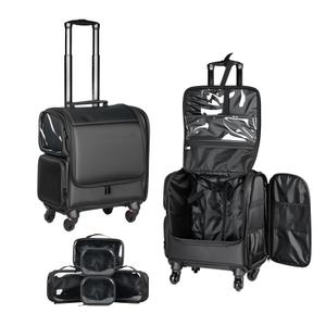 Rolling Makeup Case with Wheels, Professional Makeup Train Case with 5 Clear Makeup Bags, Large Capacity Waterproof 1080D Oxford Cosmetic Organizer for Makeup Artist, Nail Tech & Hairstylist, Black