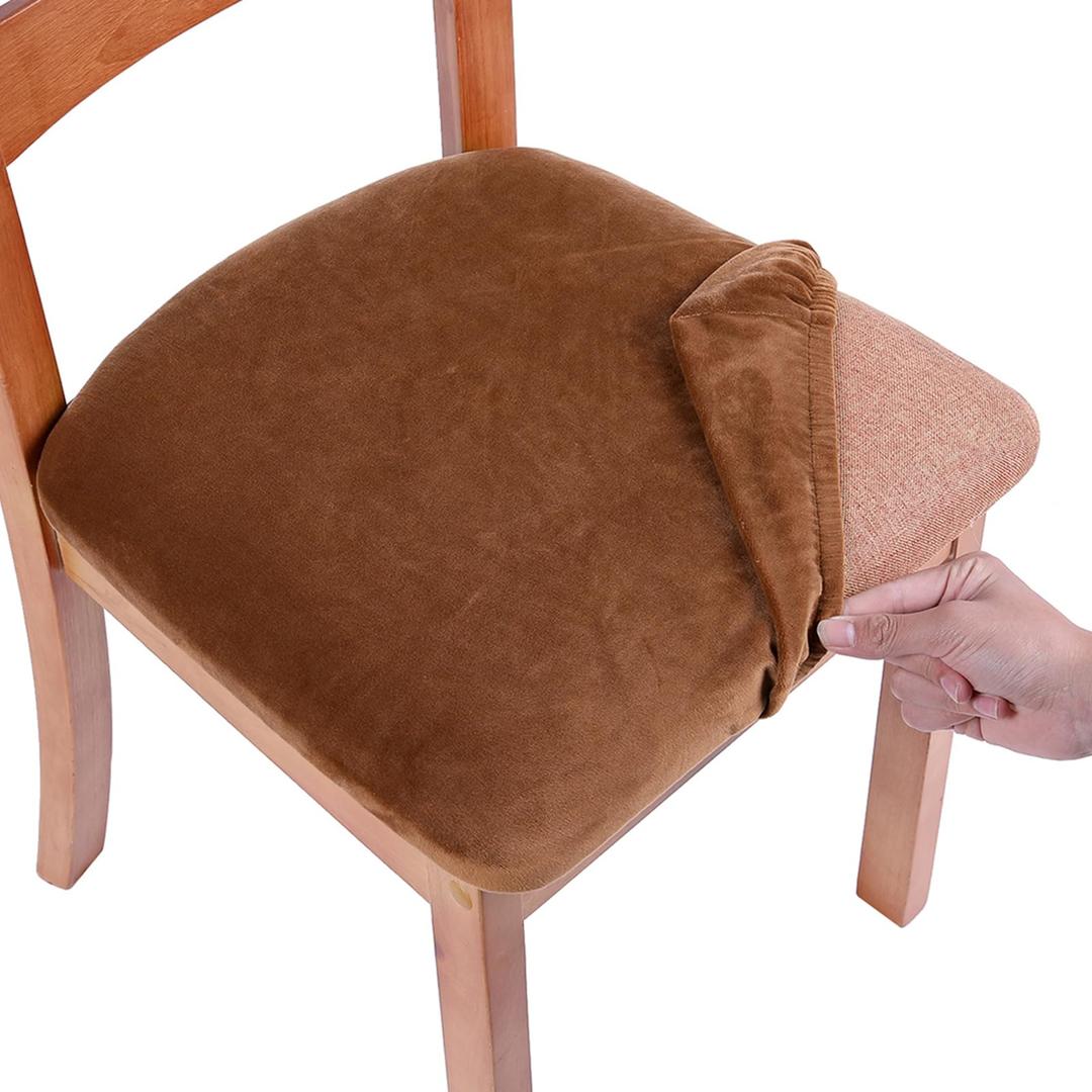 Smiry Velvet Seat Covers for Dining Room Chair Set of 3, Stretch Fit Removable Washable Chair Seat Cushion Protector Slipcovers with Ties, Camel