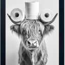 Funny Highland Cow Bathroom Wall Art with Toilet Paper on Head, Humorous Farmhouse Sign for Bathroom Decor, Rustic Black Framed Canvas Print for Restroom Toilet, Ready to Hang 8x10 Inch