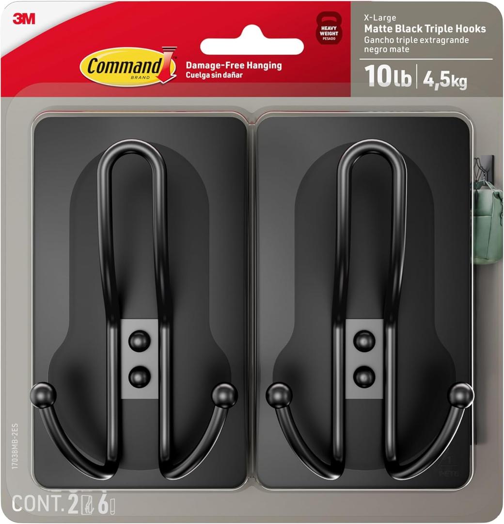 Command X-Large Matte Black Triple Hook, 2 Hooks, 6 Strips, Damage-Free Hanging Wall Hooks with Adhesive Strips, No Tools Wall Hooks for Hanging Decorations in Living Spaces Command X-Large Matte Black Triple Hook, 2 Hooks, 6 Strips, Damage-Free Hanging Wall Hooks with Adhesive Strips, No Tools Wall Hooks for Hanging Decorations in Living Spaces