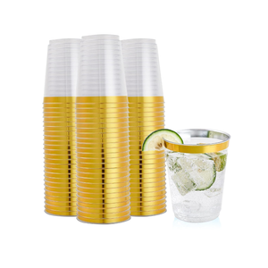 FOCUSLINE 12oz Gold Plastic Cups, Disposable Clear Fancy Hard Plastic Cups, Gold Rimmed, Heavy Duty, Reusable,100 Count