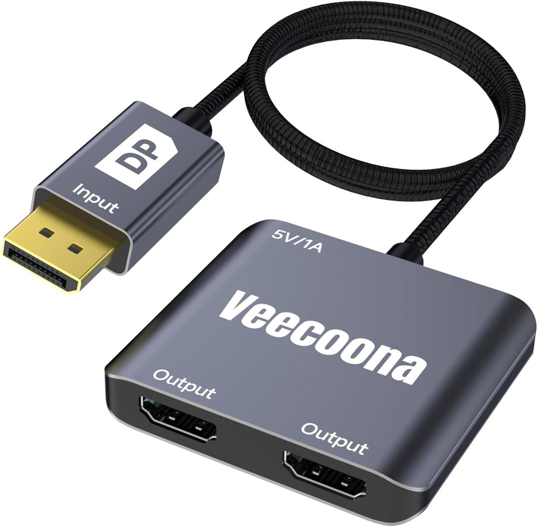 DisplayPort to Dual HDMI Adapter 1 in 2 Out | 4K60Hz, DP Source to HDMI Splitter Extended Display port splitter for Dual monitors, for Desktop, Laptop, NVIDIA, AMD Graphics Card - MACOS Not Support MST