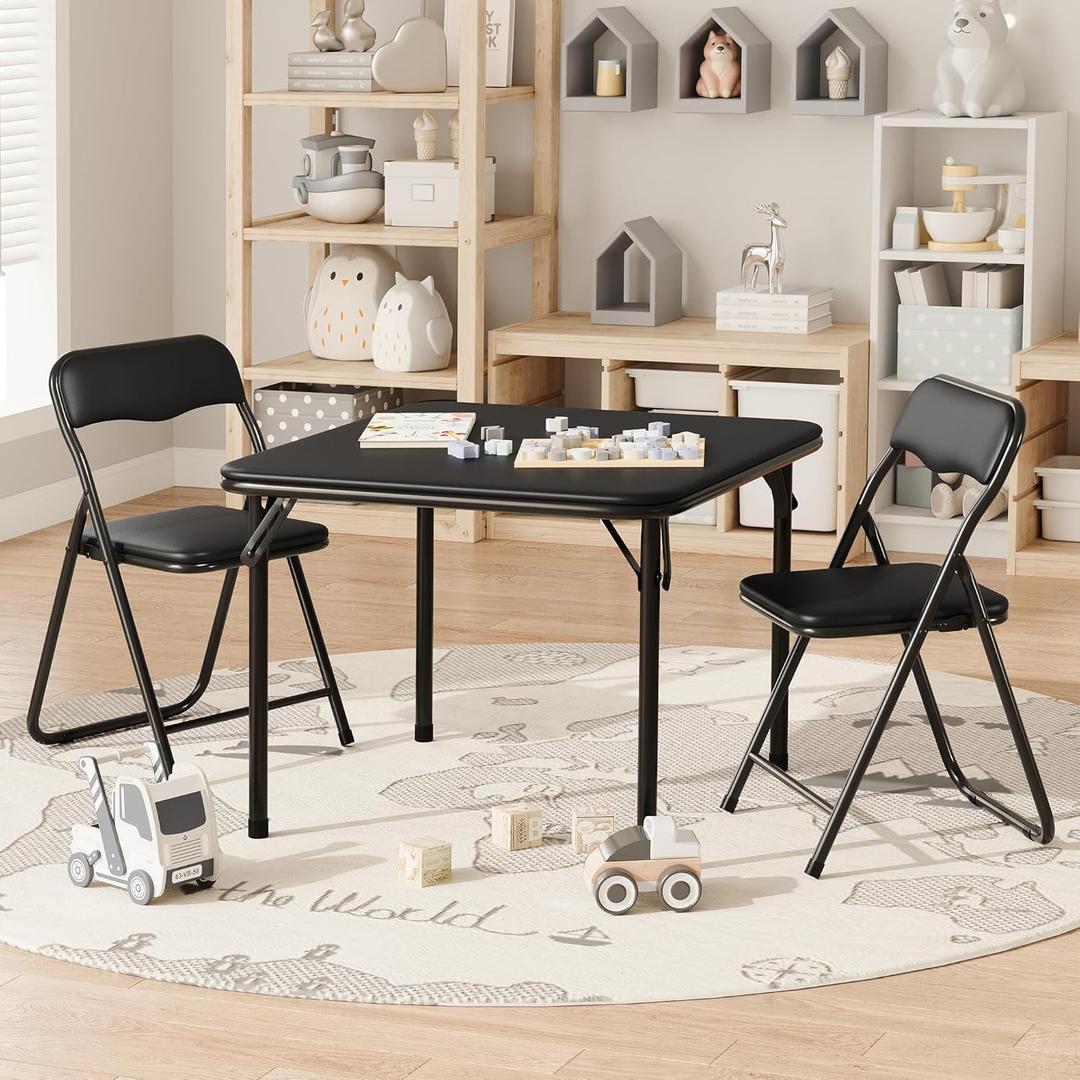 Folding Card Table and Chair Set of 3, Small Portable Square Card Table with 2 Padded Chairs, Foldable Chairs and Tables for Home, Indoor and Outdoor, Space-Saving, No Assembly Required, Black