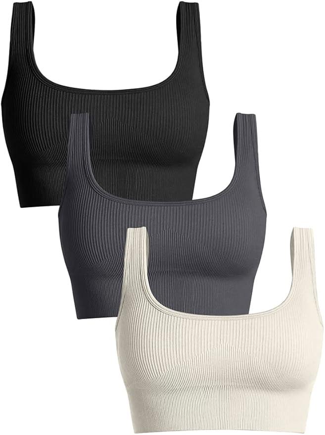 OQQ Women's 3 Piece Medium Support Tank Top Ribbed Seamless Removable Cups Workout Exercise Sport Bra, Large,Color: Black/DarkGrey/Beige