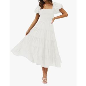 ZESICA Women's 2025 Summer Square Neck Short Puff Sleeve Solid Color High Waist Casual Smocked Flowy A Line Tiered Midi Dress M