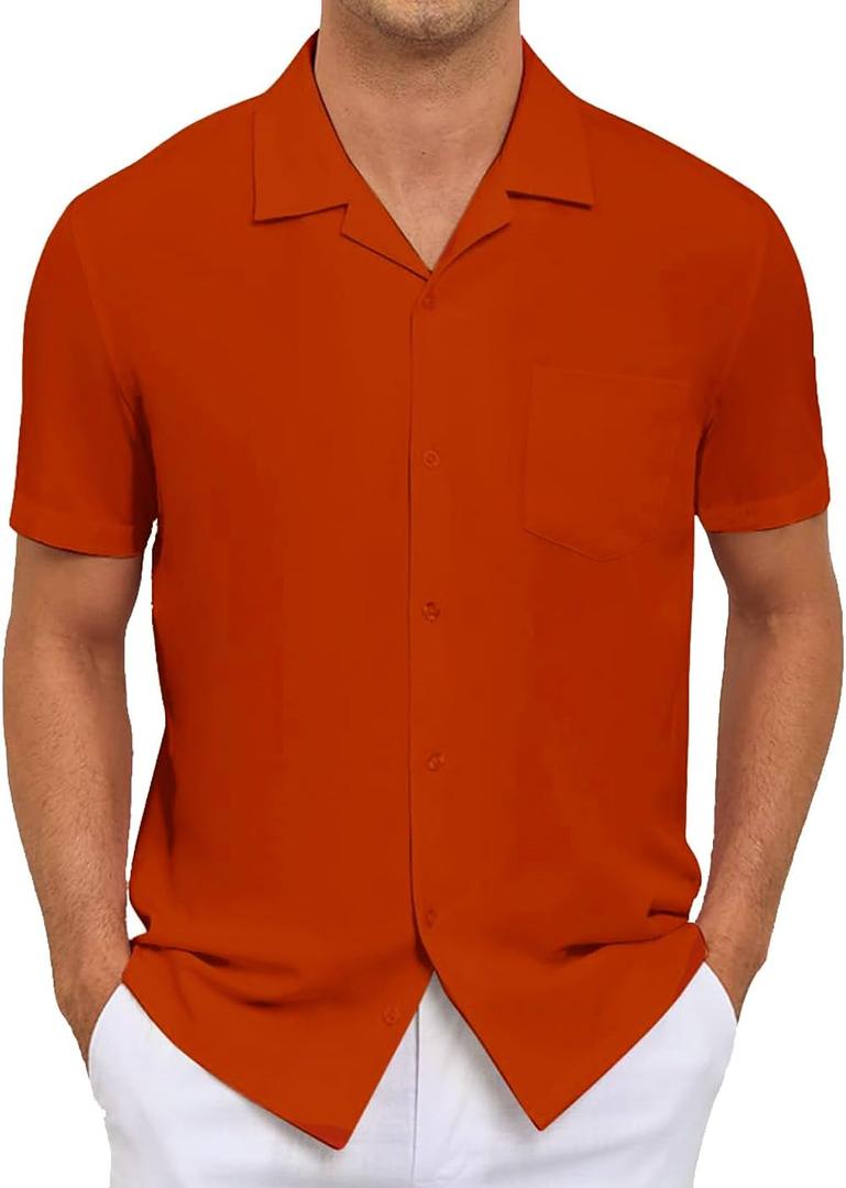 Men's Short Sleeve Button Down Shirt Cuban Collar Anti-Wrinkle Shirt Casual Summer Beach Shirt (Red, M)