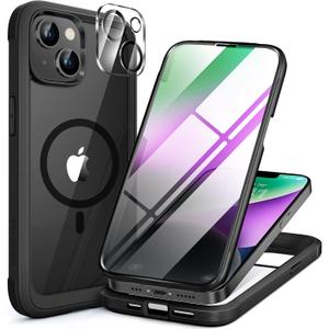 Miracase Glass Series Designed for iPhone 14 Plus Case 6.7 inch, Upgrade Full-Body Magnetic Clear Case with Built-in 9H Tempered Glass Screen Protector,Compatible with MagSafe, Black
