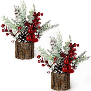Small Christmas Tree Tabletop Artificial Mini Christmas Tree Decorations with Holiday Ornaments Red Berry Pine Cone Greenery for Home Indoor Fireplace Mantel Xmas Decor (2pcs -Tree Stump-Red)