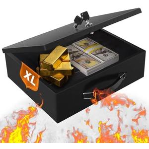 Fireproof Document Box,X Large Fire Resistant Safe Box with Key Lock for Home, Portable Fireproof Lock Box for Personal Items, Passport, Cash, Tablet, Exterior 13.2" x 11" x 4.13"