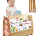 Toddler Bookshelf Double-Sided with 4 Tier Deep Sleeves Kids Wooden Montessori Book Rack for Baby Nursery Room, Playroom, Classroom or Bedroom Bookcase Storage Organizer, Brown Bear