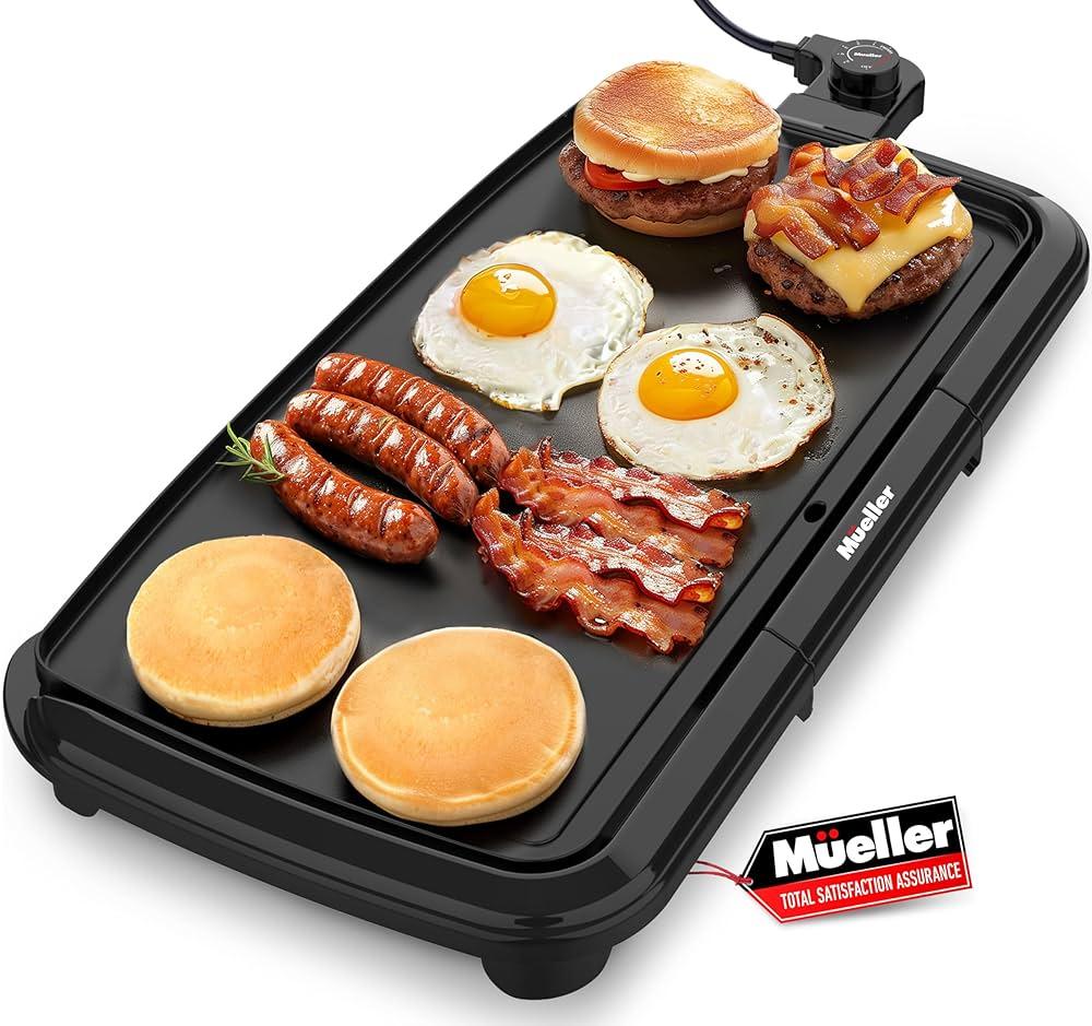 Mueller HealthyBites 20-inch Electric Griddle, Cool-Touch Handles, Slide-Out Drip Tray for Breakfast Pancakes, Burgers, and Eggs, Eco-Friendly Pancake Grill, 10 Eggs at Once, Nonstick & Teflon-Free