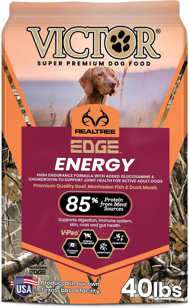 VICTOR Super Premium Dog Food Realtree Edge Energy Dry Food for Highly Active Dogs 28% Protein, 22% Fat Gluten Free Kibble with Glucosamine and Chondroitin for Hip and Joint Health, 40 lb (EXP 07/07/26)