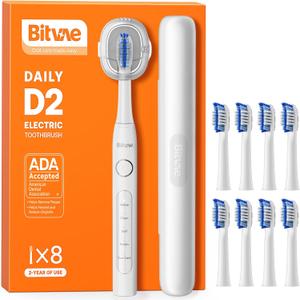 Bitvae Ultrasonic Electric Toothbrush for Adults and Kids, ADA Accepted Travel Toothbrush with Rechargeable 60-Day Battery Life, 5 Modes, 8 Heads, Case, Holder, Frost White