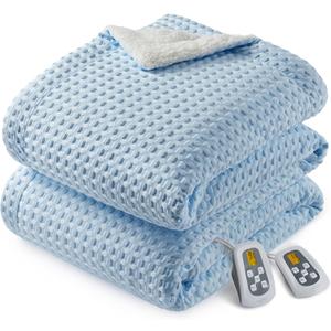 CAROMIO Heated Blanket Queen Size with LCD Dual Controller, Waffle Weave Fast Heating Electric Blankets, 10 Heat Levels & 1-12H Time Settings, ETL Certified, Machine Washable, Light Blue, 84" x 90"