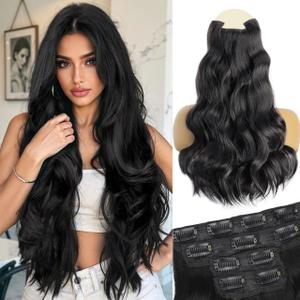 Vigorous Clip in Hair Extensions 4Pcs Black Hair Extension 24 Inch Long Wavy Soft Synthetic Hairpieces for Women