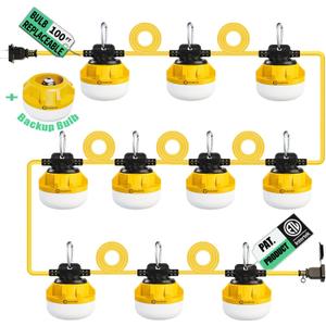 100FT Construction String Lights 100W 13000lm Bubl Replaceable Work Light for Construction Sites, Garage, Crawl Space, Workshop, Jobsite, Indoor and Outdoor, with Hanging Hooks