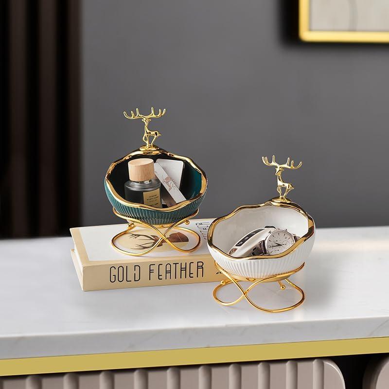 ELEGANTZ Decorative Ceramic Bowl with Gold Reindeer Luxury Vanity Tray & Jewelry Holder Modern Catchall Dish for Keys, Rings, Accessories Elegant Counter Decor for Entryway, Dresser, or Bathroom