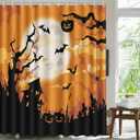 MEHOFOND Halloween Shower Curtain Orange Scary Ghost Forest Dead Tree Evil Pumpkin Bathroom Curtains Full Moon Night Bat Halloween Horror Weird Pumpkin Bathtub Decorative Waterproof Fabric 72x72 Inch