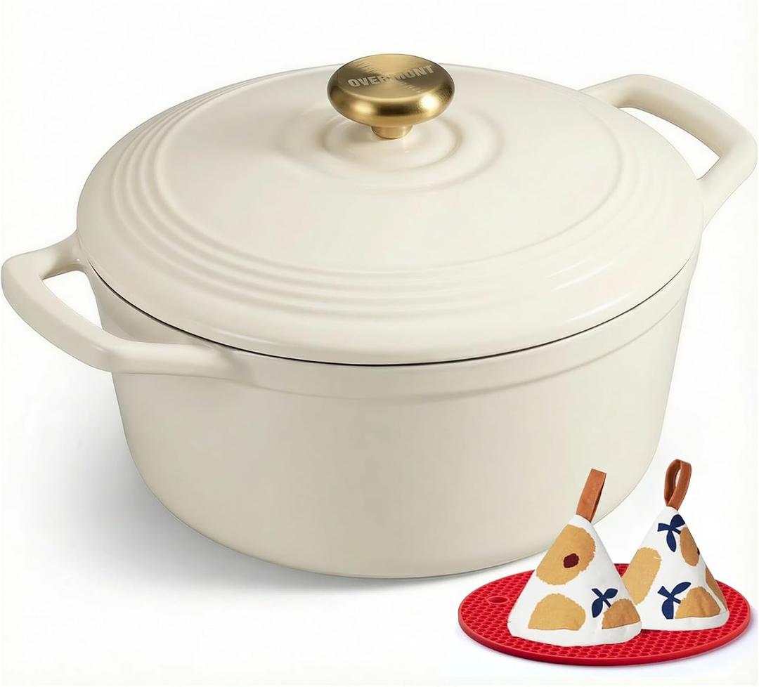 Overmont Enameled Cast Iron Dutch Oven - 5.5QT Pot with Lid Cookbook & Cotton Potholders - Heavy-Duty Cookware for Braising, Stews, Roasting, Sourdough Baking White