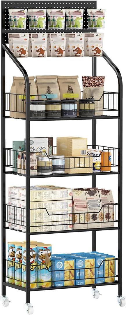 Nisorpa 4 Tier Supermarket Retail Display Racks, Free-Standing Metal Snack Candy Display Racks Shelf with Wheels Chips Rack Display Stand for Home Convenience Stores Kitchen, 19.6x56.2x10.6 Inches